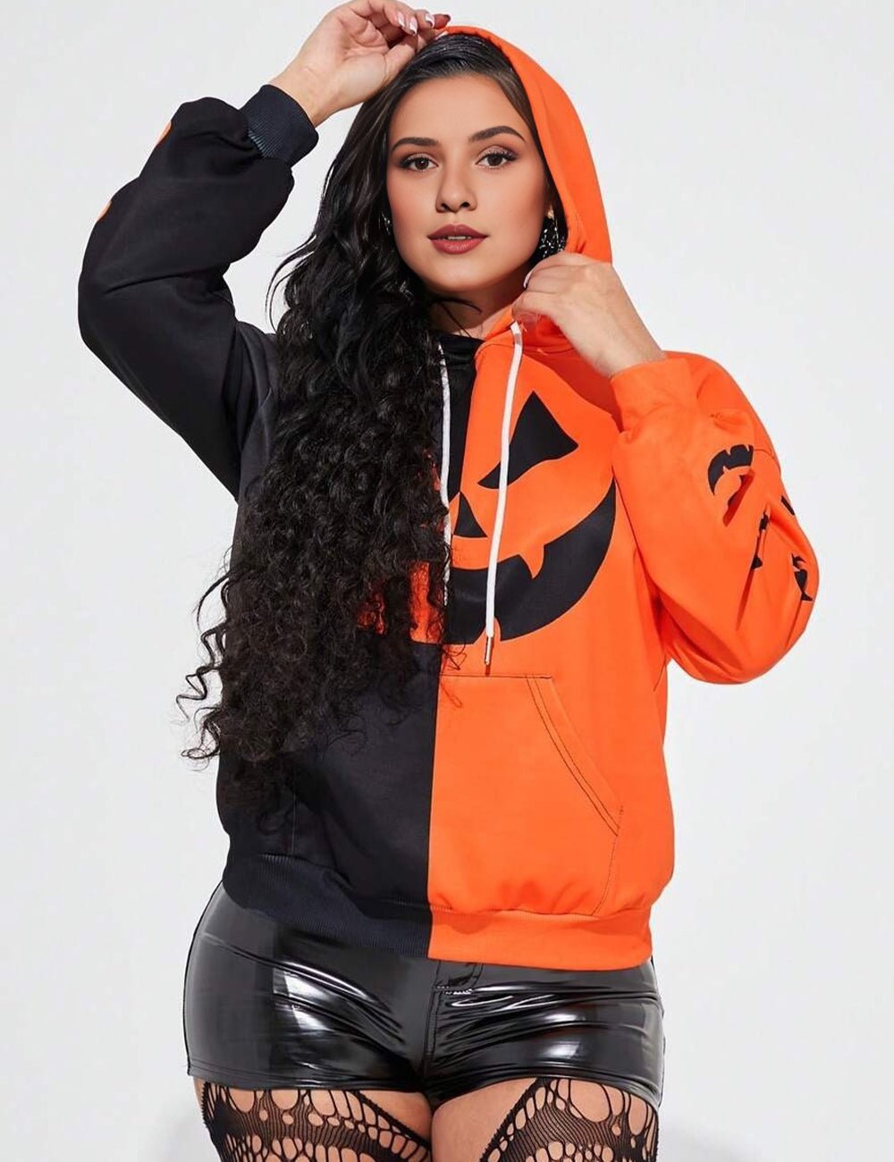Women Plus Size Contrast Color Long Sleeve Halloween Hoodie - PRUSES