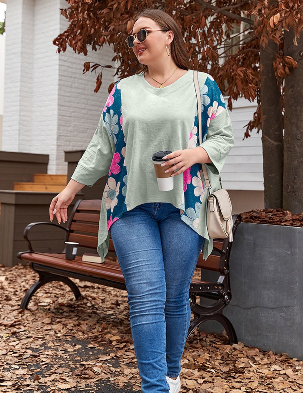 Women Plus Size Cotton Floral Print Patchwork T-Shirt | PRUSES - PRUSES