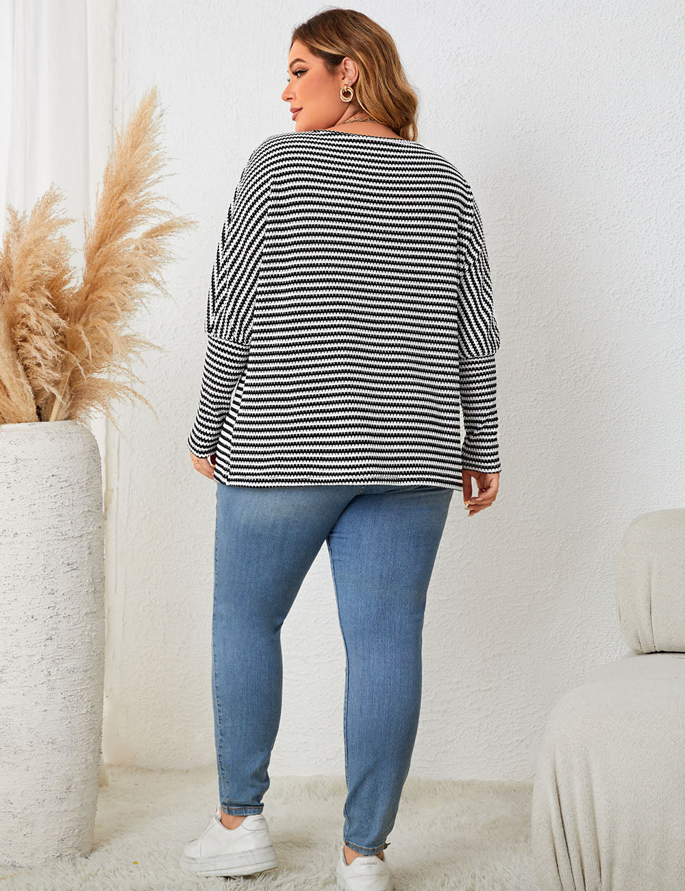 Women Plus Size Crew Neck Striped Long Sleeves | PRUSES - PRUSES