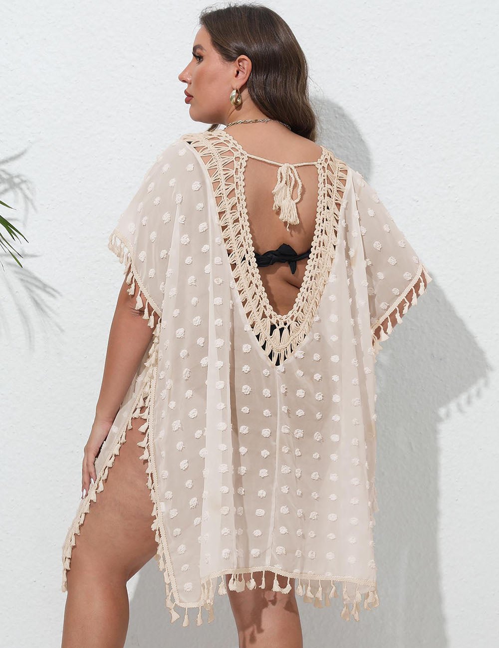 Women Plus Size Crochet Tassel Chiffon Cover Up - PRUSES