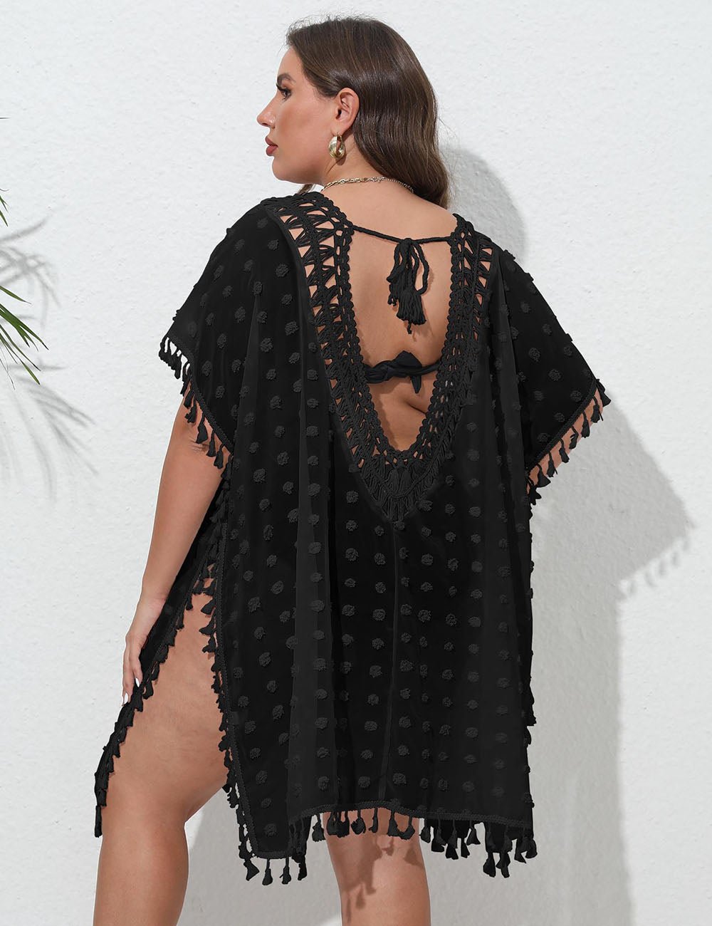 Women Plus Size Crochet Tassel Chiffon Cover Up - PRUSES