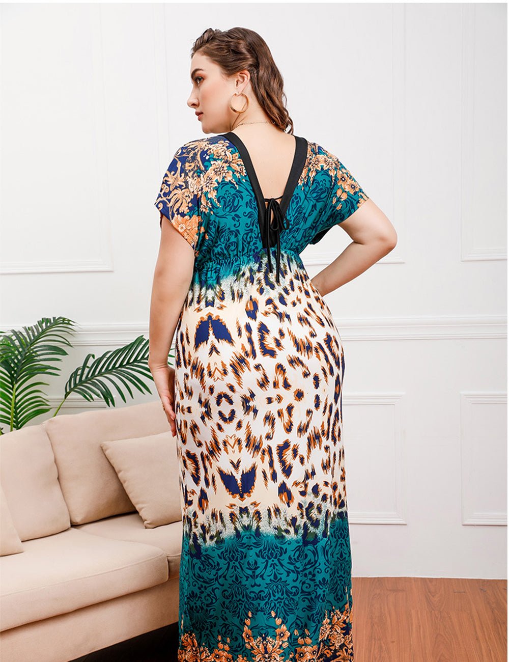 Women Plus Size Deep V - neck Elastic Waist Slimming Dress - PRUSES