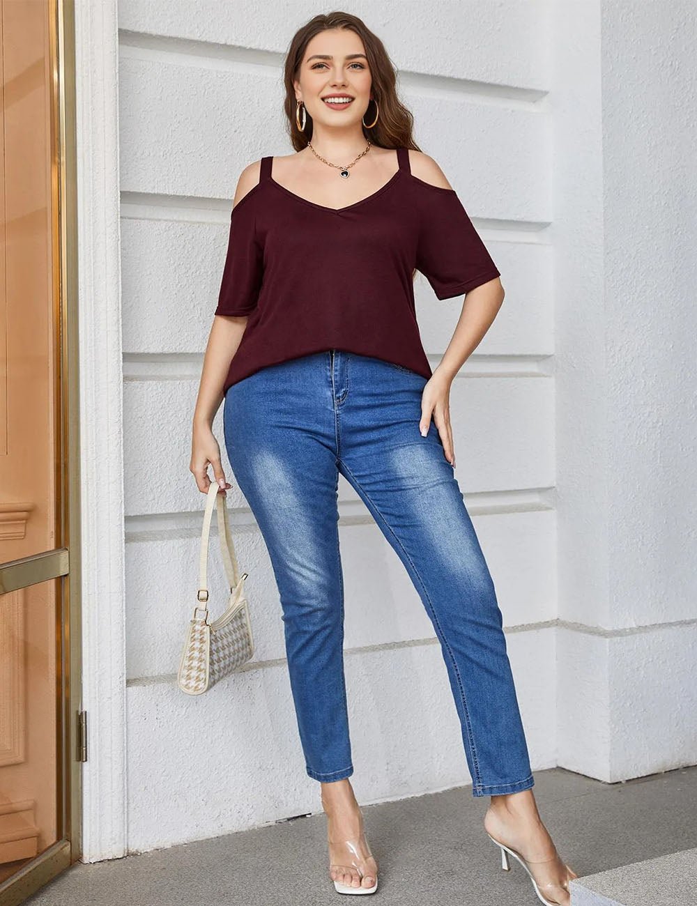 Women Plus Size Deep V Neck Off Shoulder Tee | PRUSES - PRUSES