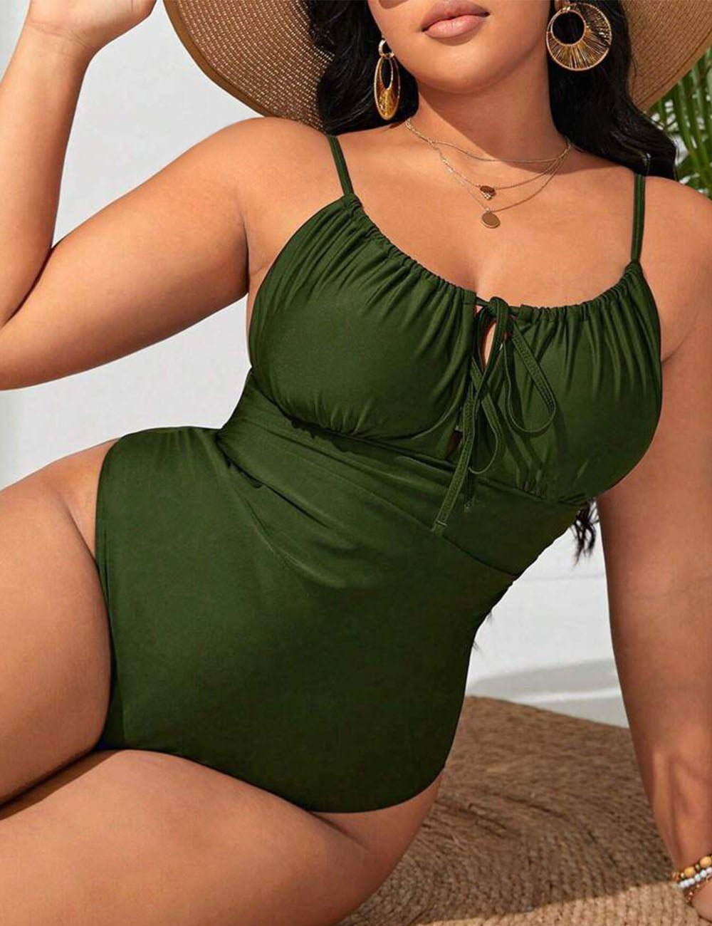 Women Plus Size Drawstring Ruched One Piece Swimsuit - PRUSES