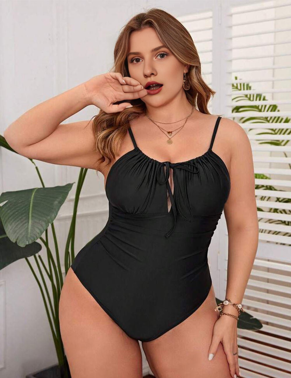 Women Plus Size Drawstring Ruched One Piece Swimsuit - PRUSES