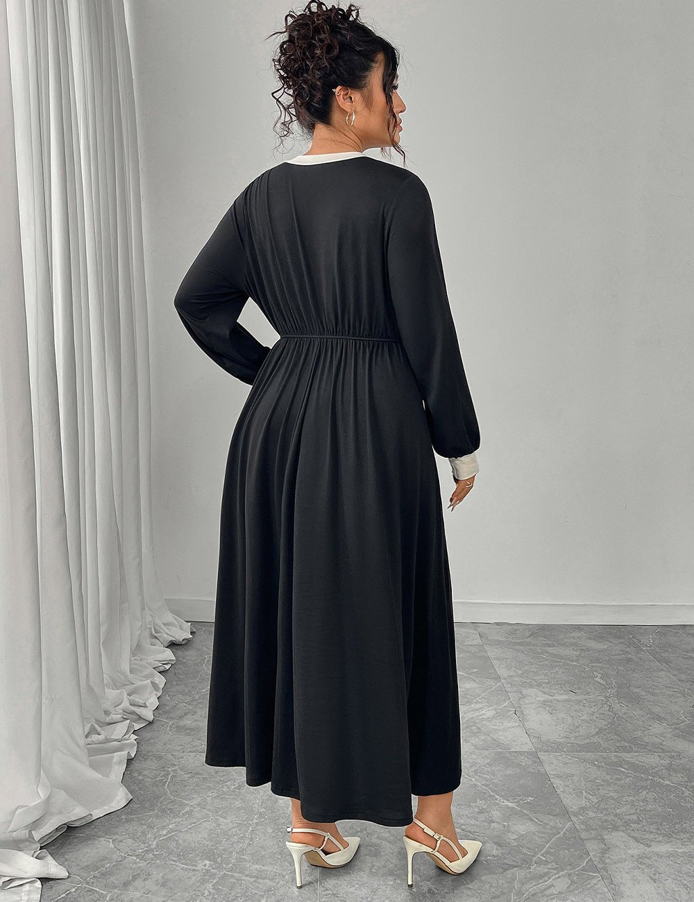 Women Plus Size Elegant Black Bow Vintage Maxi Dress - PRUSES
