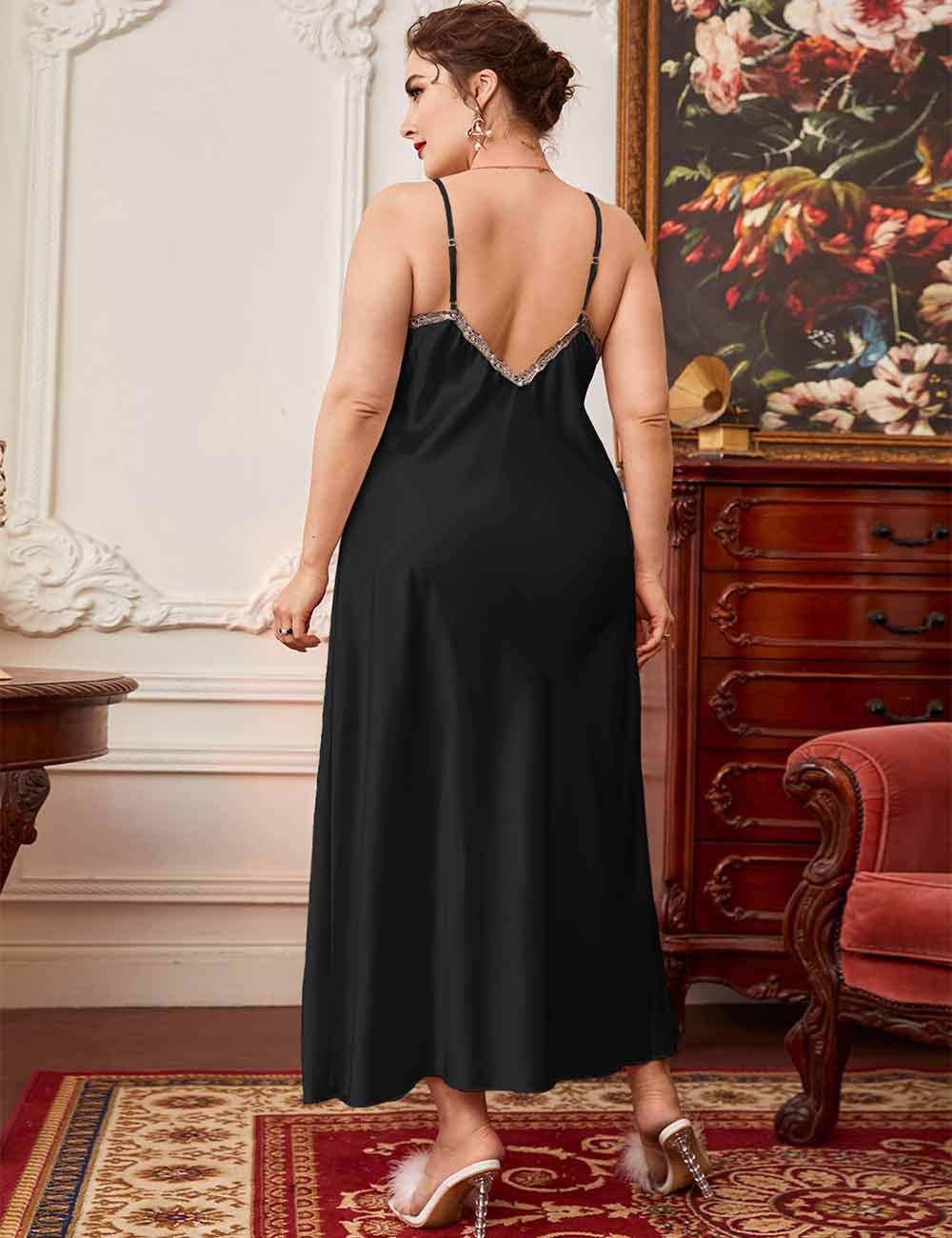 Women Plus Size Black Satin Lace Trim Nightgown Back View