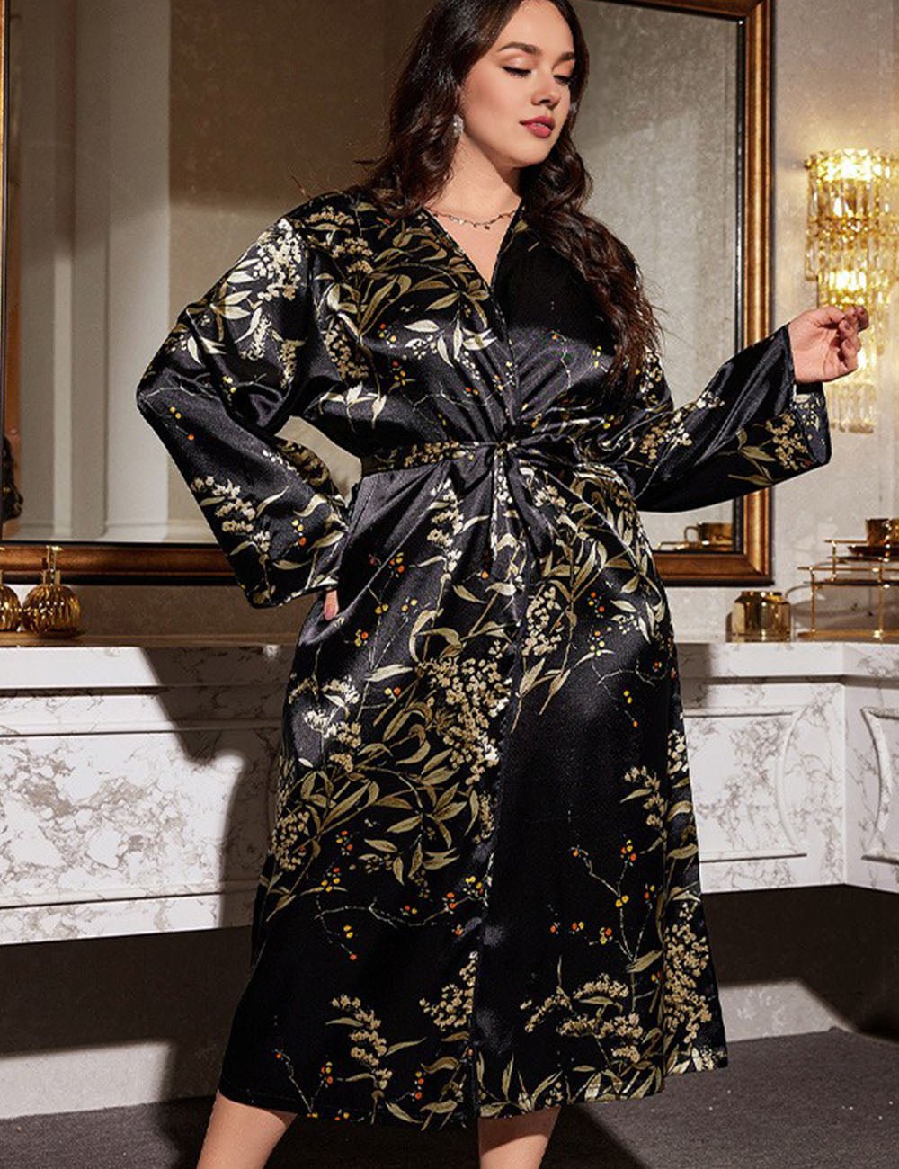 Women Plus Size Elegant Floral Print Satin Robe | PRUSES - PRUSES