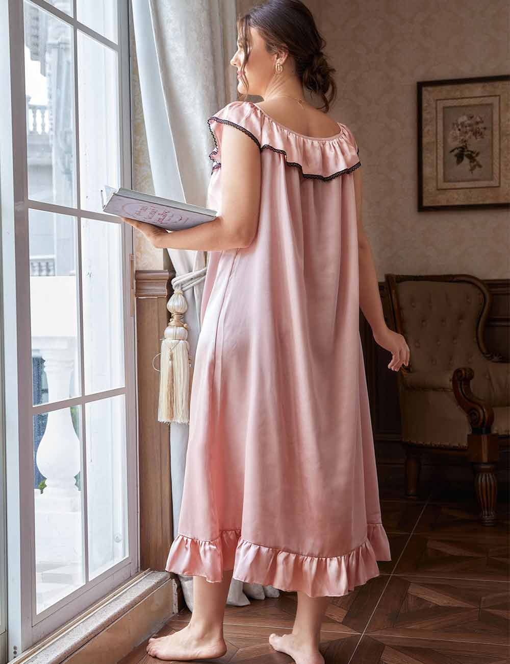 Women Plus Size Pink Elegant Satin Ruffle Nightgown Back View