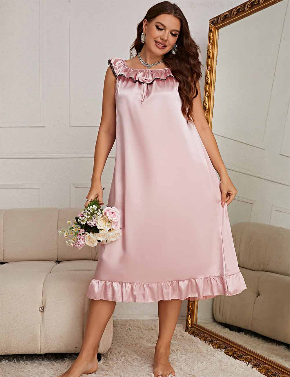 Women Plus Size Pink Satin Ruffle Neck Long Nightgown