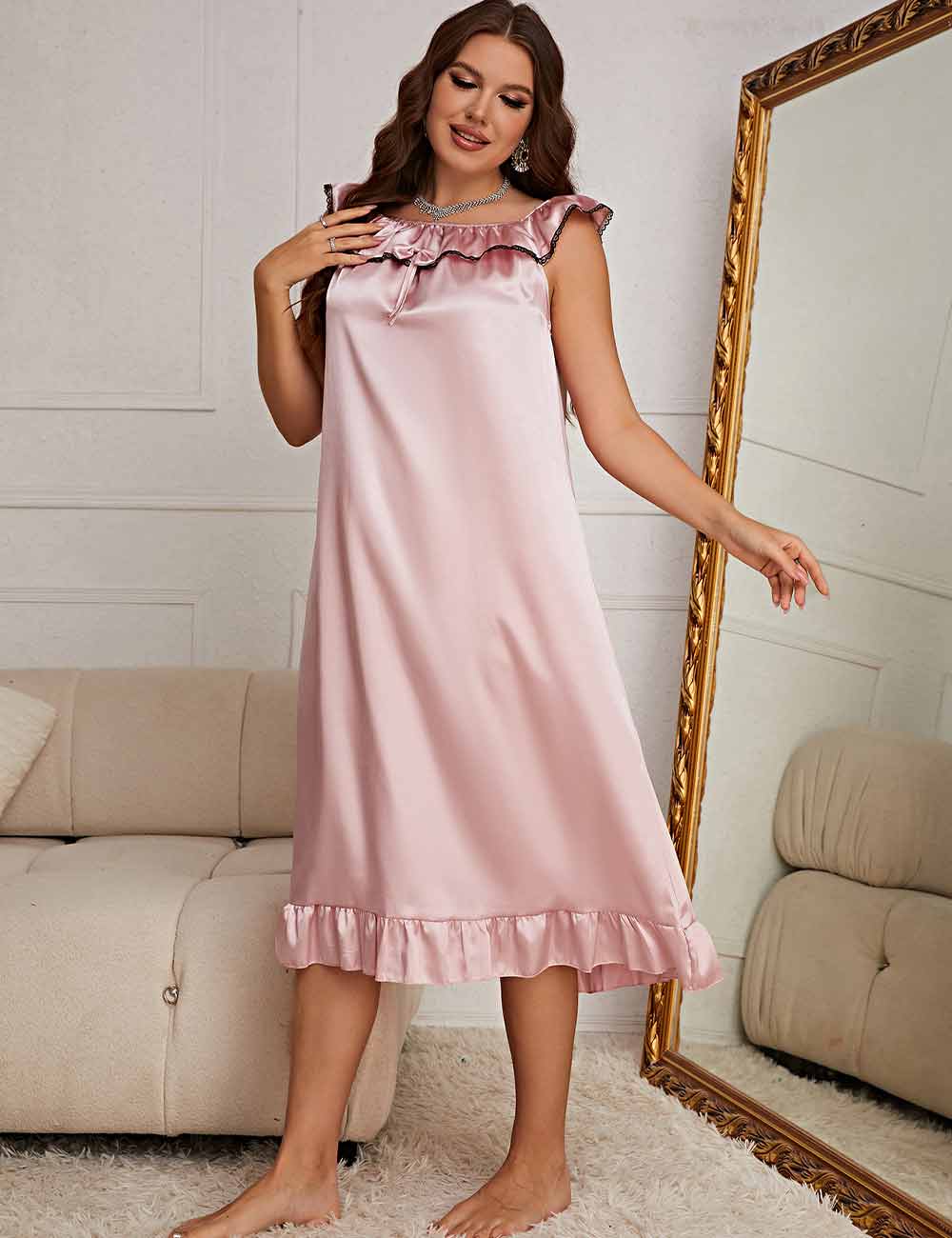 Women Plus Size Pink Satin Ruffle Trim Nightgown