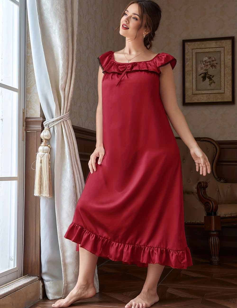 Women Plus Size Red Elegant Satin Ruffle Nightgown