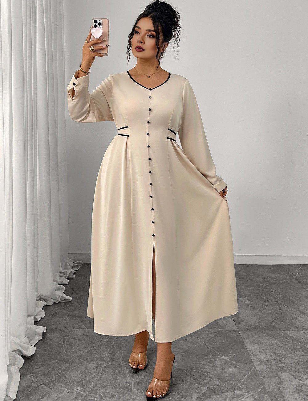 Women Plus Size Elegant V - Neck Buttoned Waist Tied Dress - PRUSES