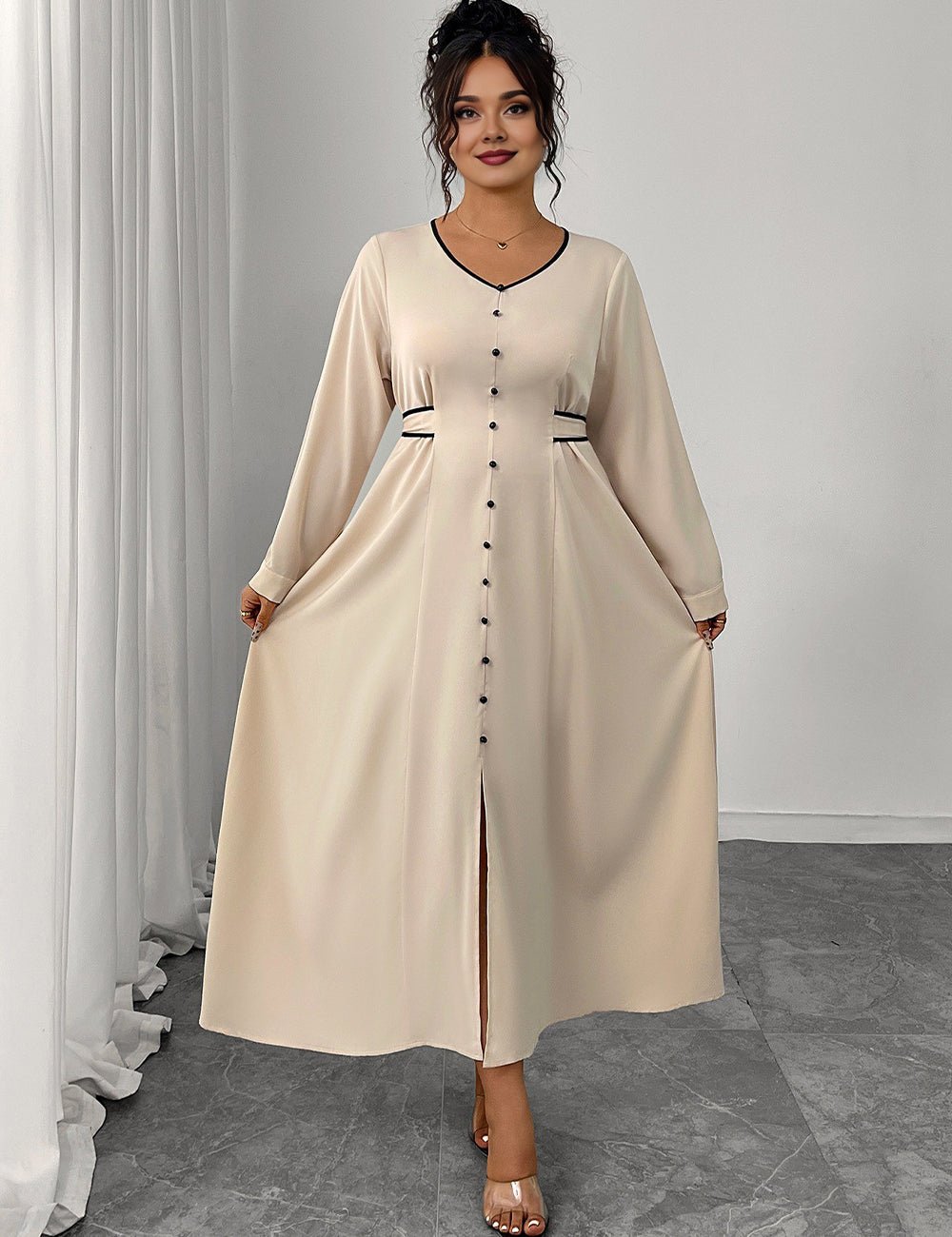 Women Plus Size Elegant V - Neck Buttoned Waist Tied Dress - PRUSES