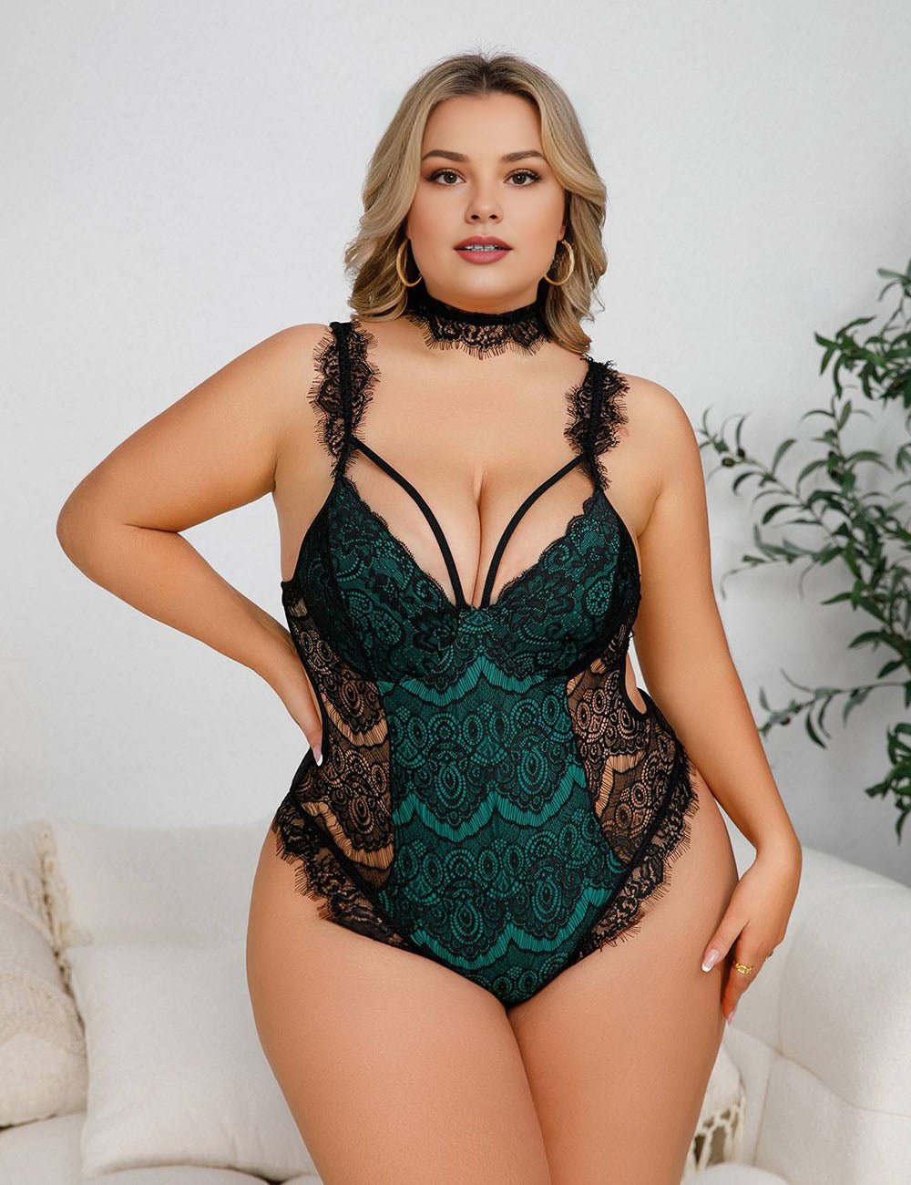Women Plus Size Eyelash Lace Bodysuit - PRUSES