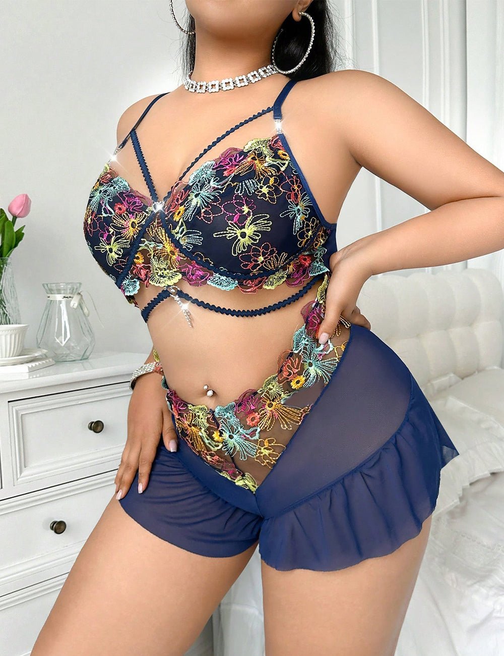 Women Plus Size Floral Embroidered Sheer Mesh Teddy | PRUSES - PRUSES