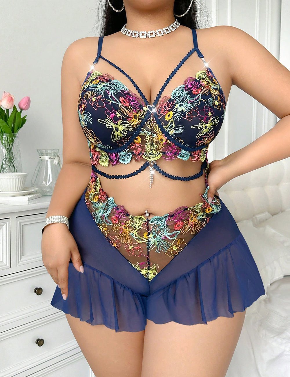 Women Plus Size Floral Embroidered Sheer Mesh Teddy | PRUSES - PRUSES