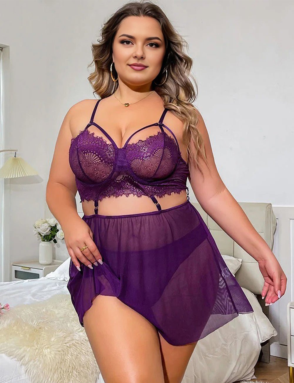 Women Plus Size Floral Lace Scallop Trim Underwire Babydoll - PRUSES