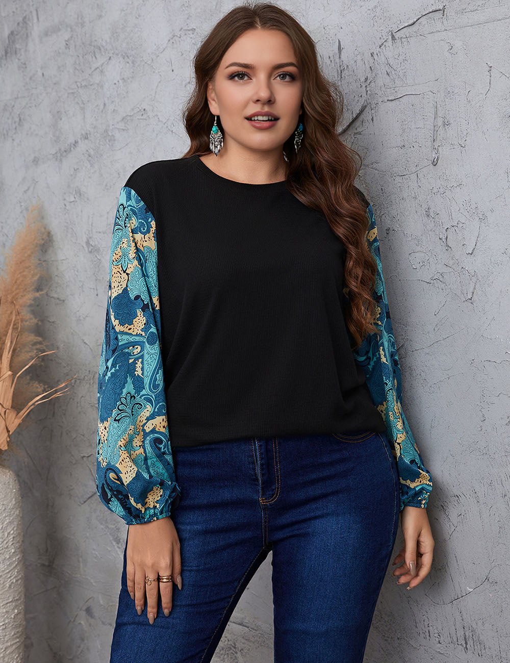 Women Plus Size Floral Print Lantern Sleeve Tee | PRUSES - PRUSES