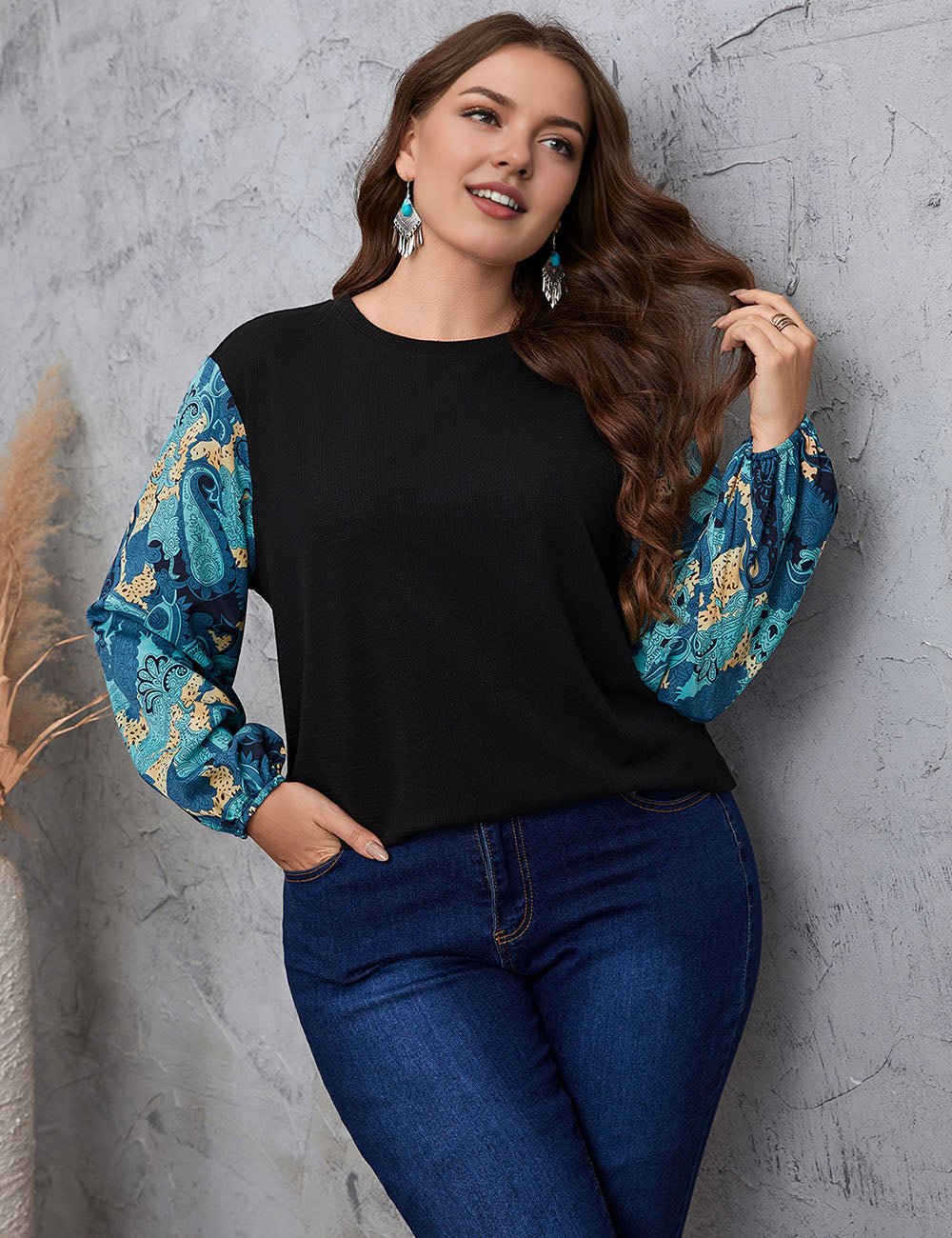 Women Plus Size Floral Print Lantern Sleeve Tee | PRUSES - PRUSES