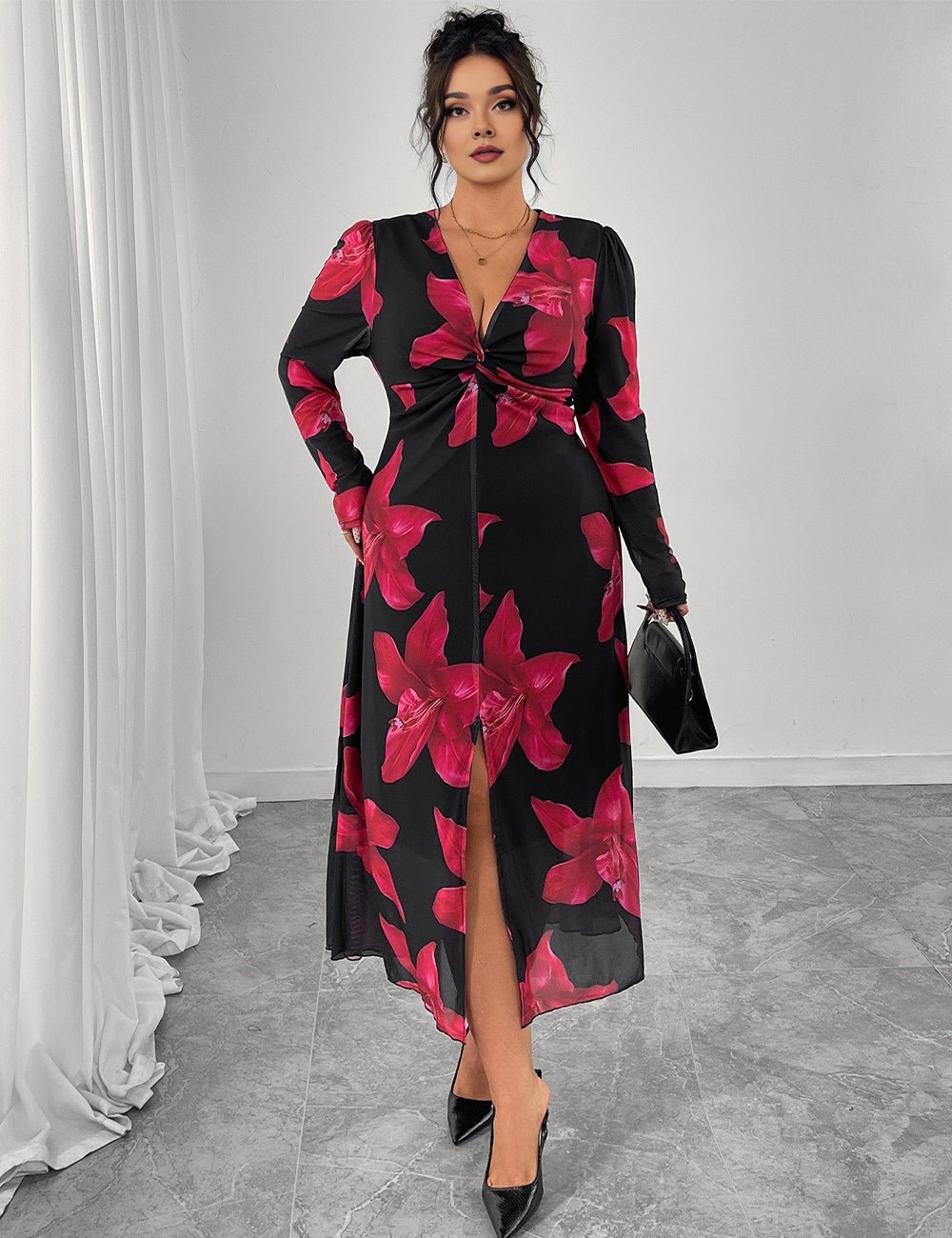 Women Plus Size Floral Print Twist Front V - Neck Maxi Dress - PRUSES