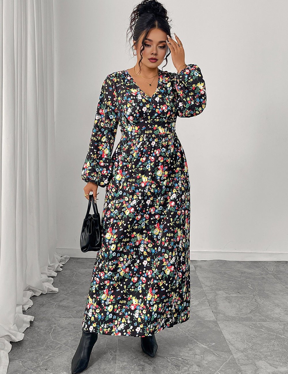 Women Plus Size Floral Print V - Neck High Waist Dress - PRUSES