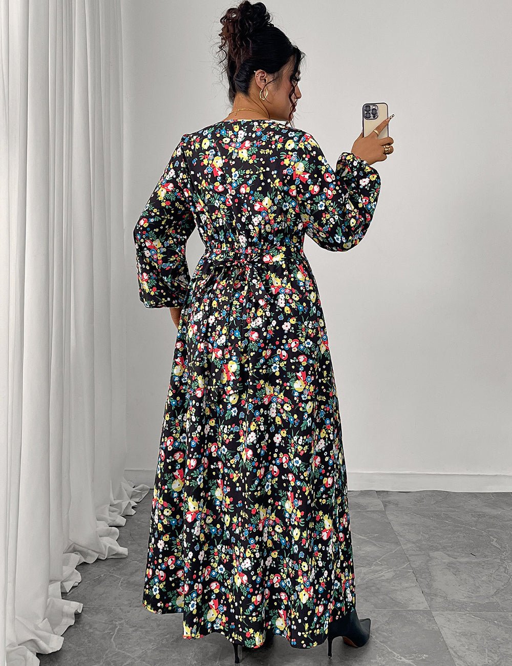 Women Plus Size Floral Print V - Neck High Waist Dress - PRUSES