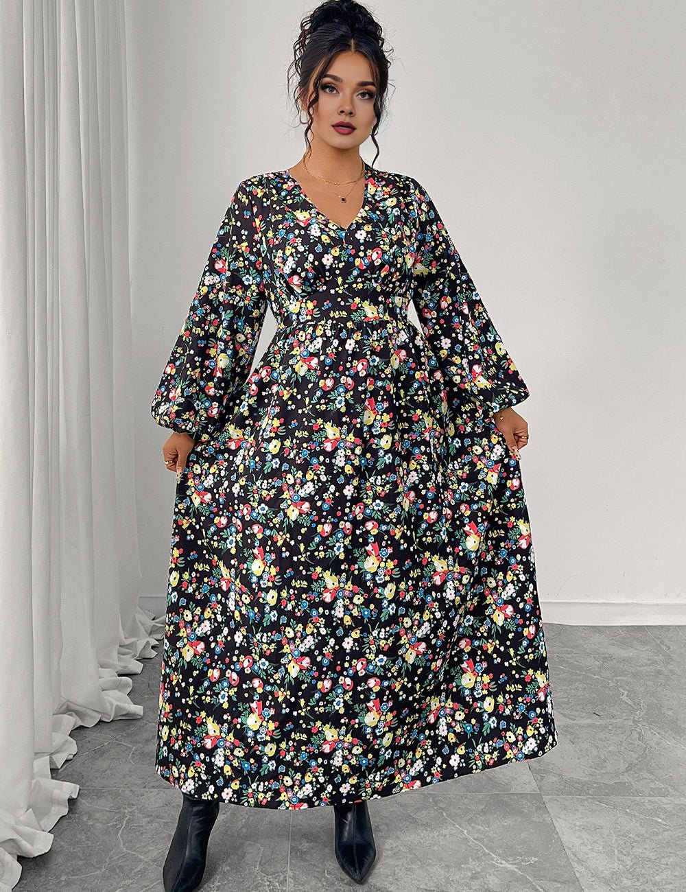 Women Plus Size Floral Print V - Neck High Waist Dress - PRUSES
