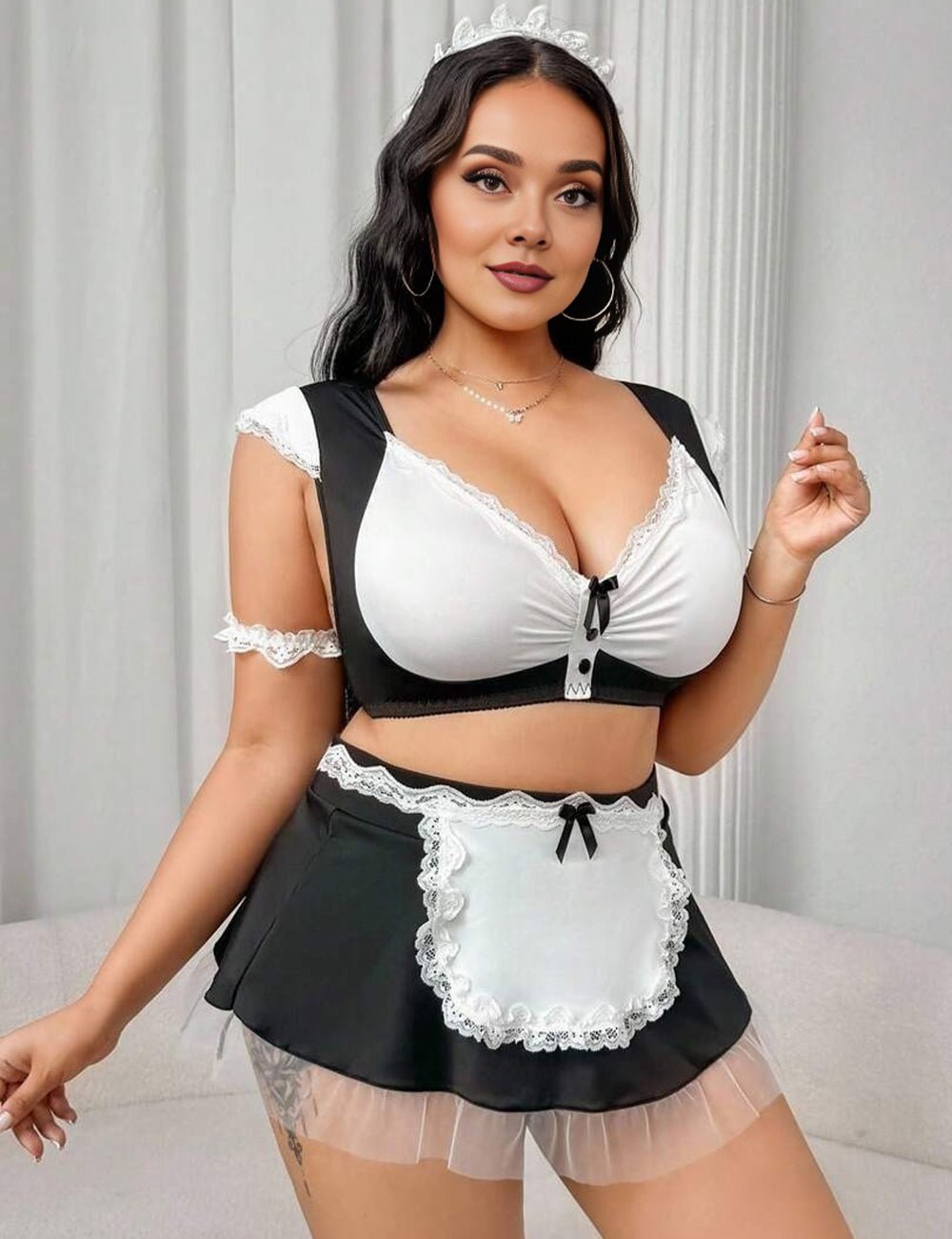 Women Plus Size Frill Trim Maid Costume Set - PRUSES