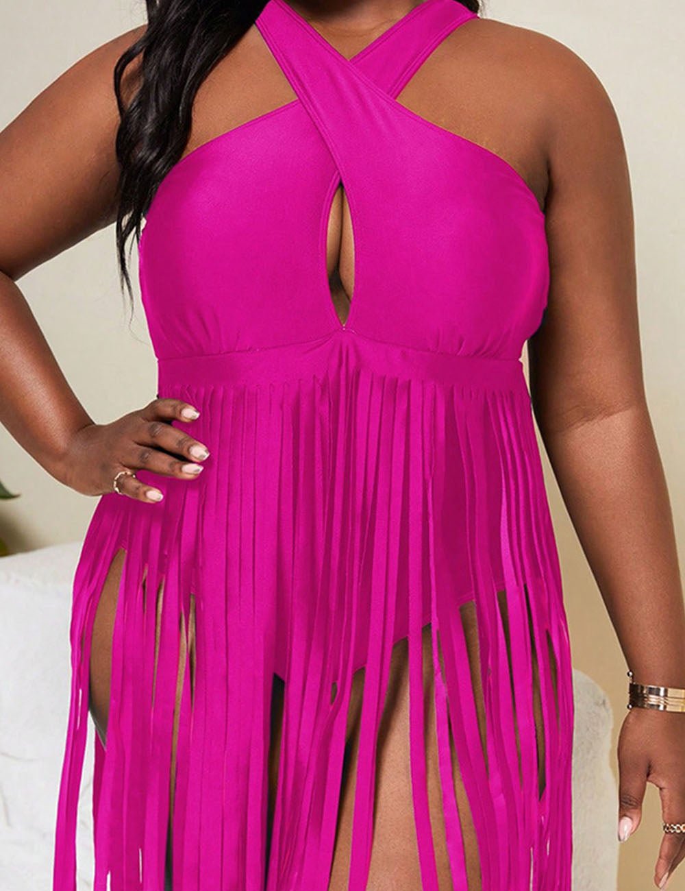 Women Plus Size Fringe Hem Crisscross Halter One Piece Swimsuit - PRUSES