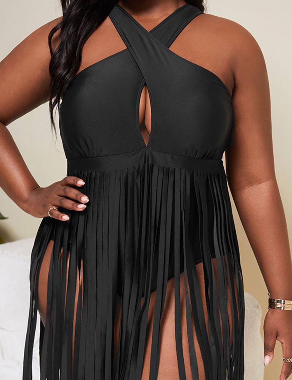 Women Plus Size Fringe Hem Crisscross Halter One Piece Swimsuit - PRUSES