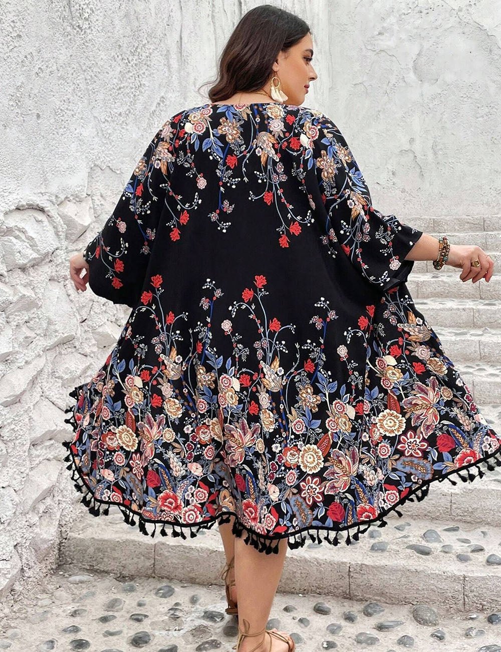 Women Plus Size Fringed Floral Cardigan Beach Cover - Up | PRUSES - PRUSES