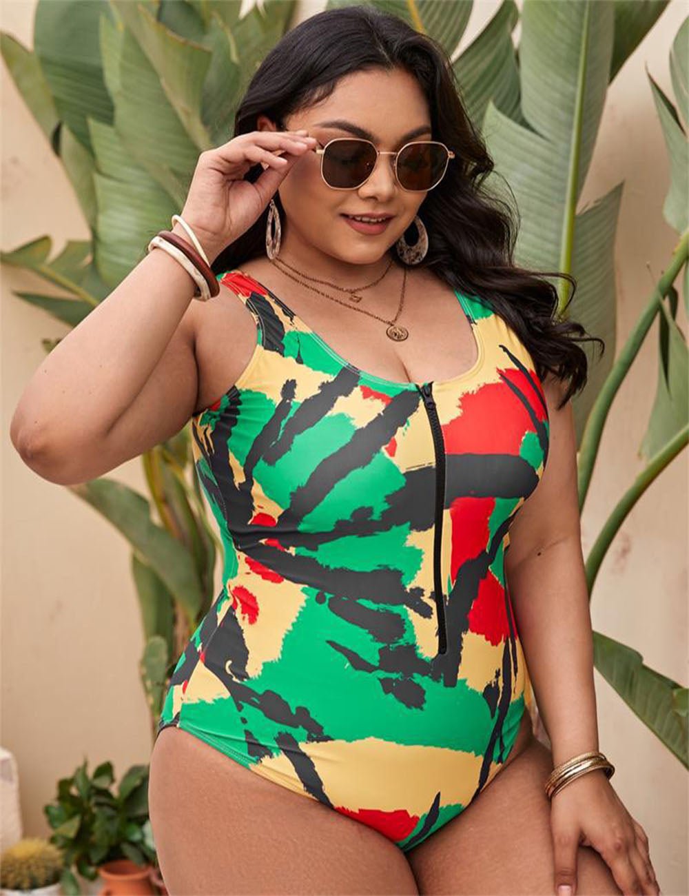 Women Plus Size Front Zip One Piece Swimsuit - PRUSES