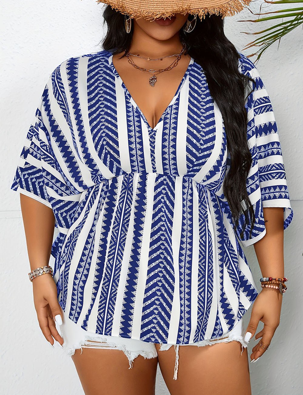 Women Plus Size Geometric Print V Neck Blouse | PRUSES - PRUSES