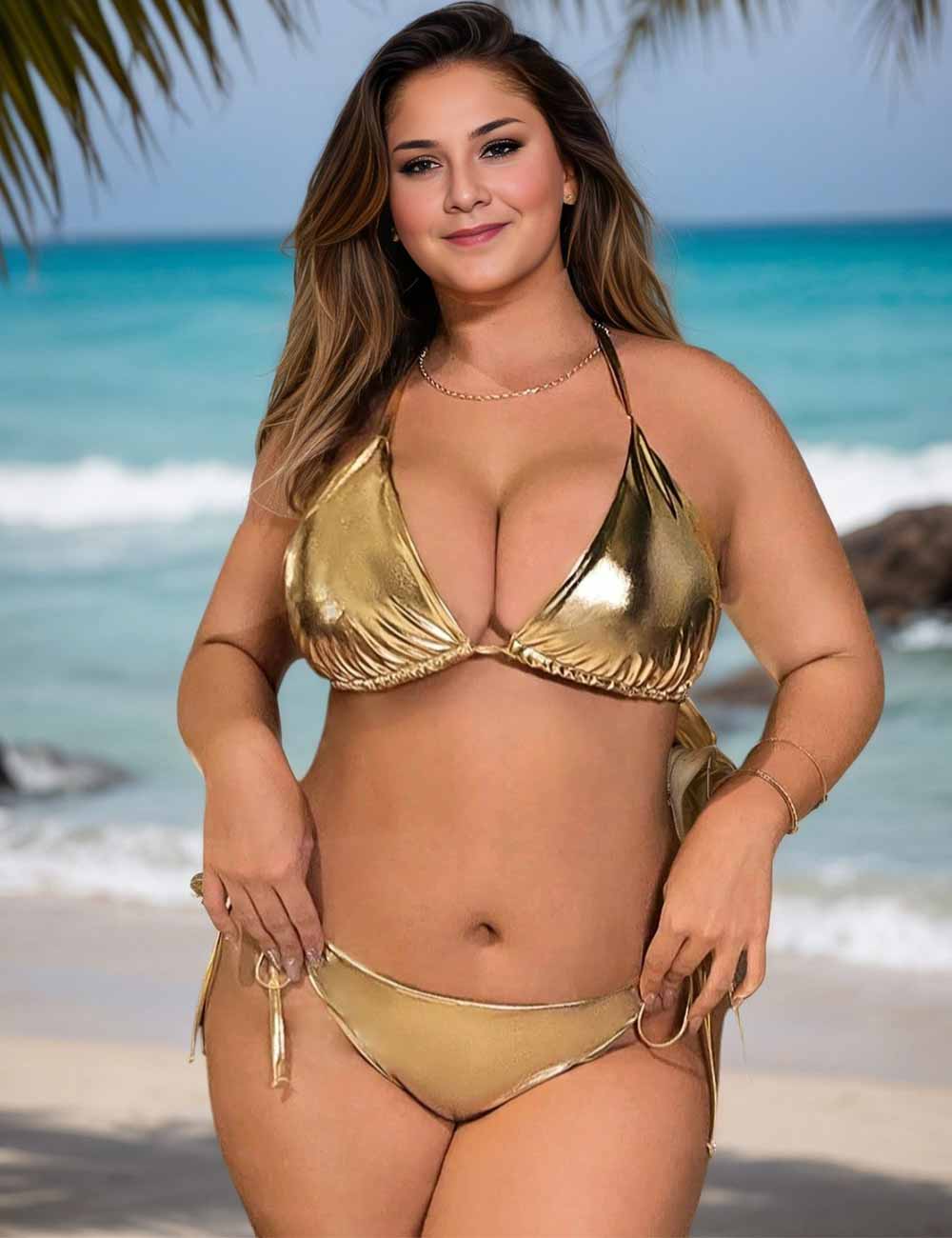 Women Plus Size Metallic Triangle Tie-Side Bikini Set
