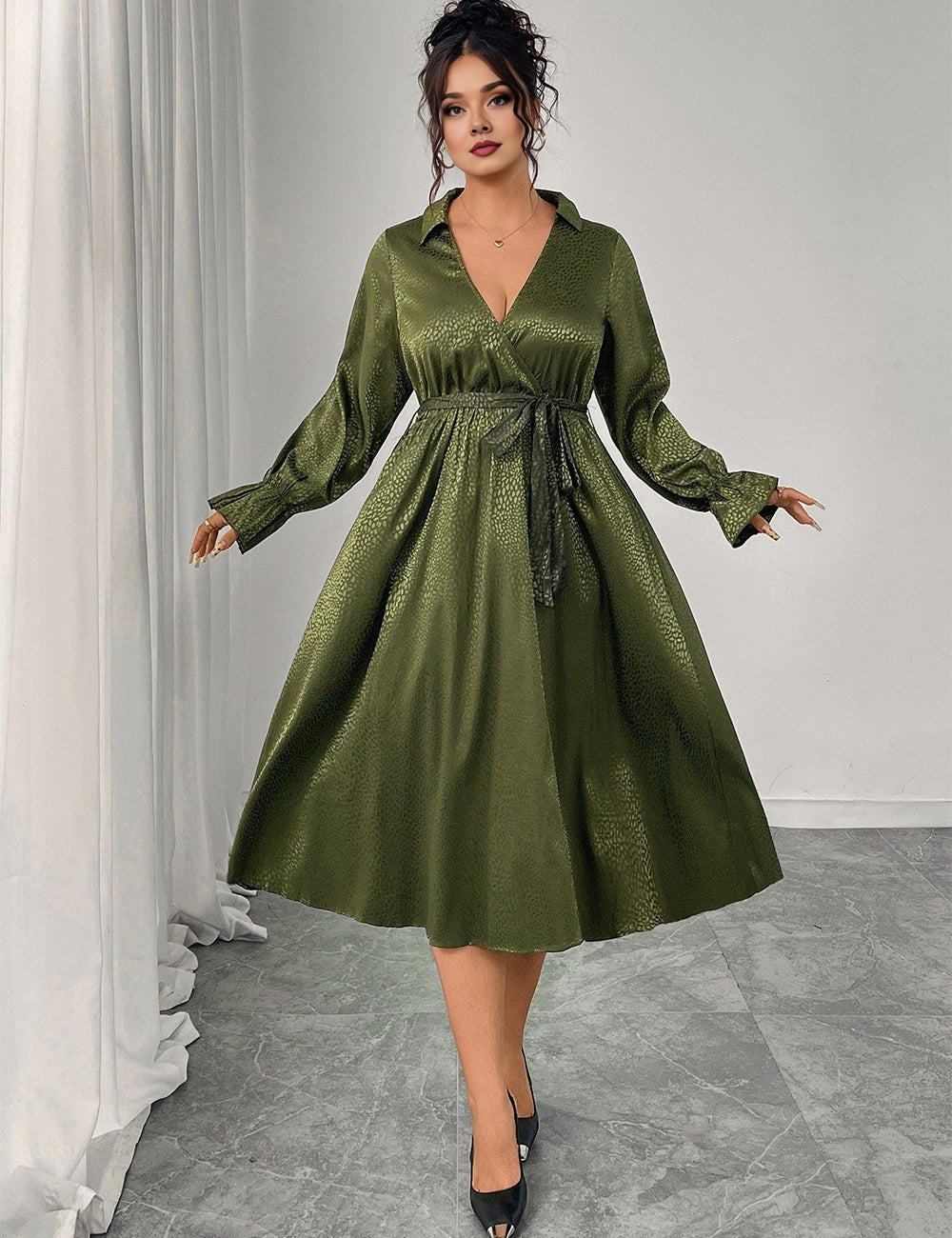 Women Plus Size Green Elegant Tie - Waist Midi Dress - PRUSES