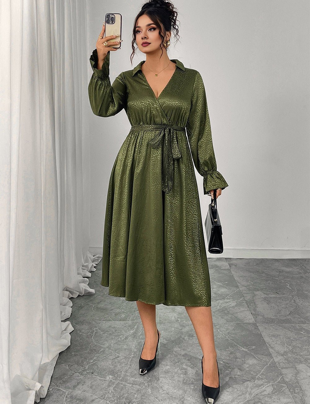 Women Plus Size Green Elegant Tie - Waist Midi Dress - PRUSES