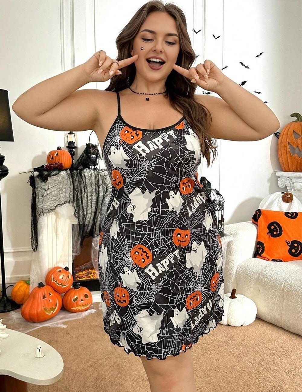 Women Plus Size Halloween Pumpkin Camisole Nightgown - PRUSES