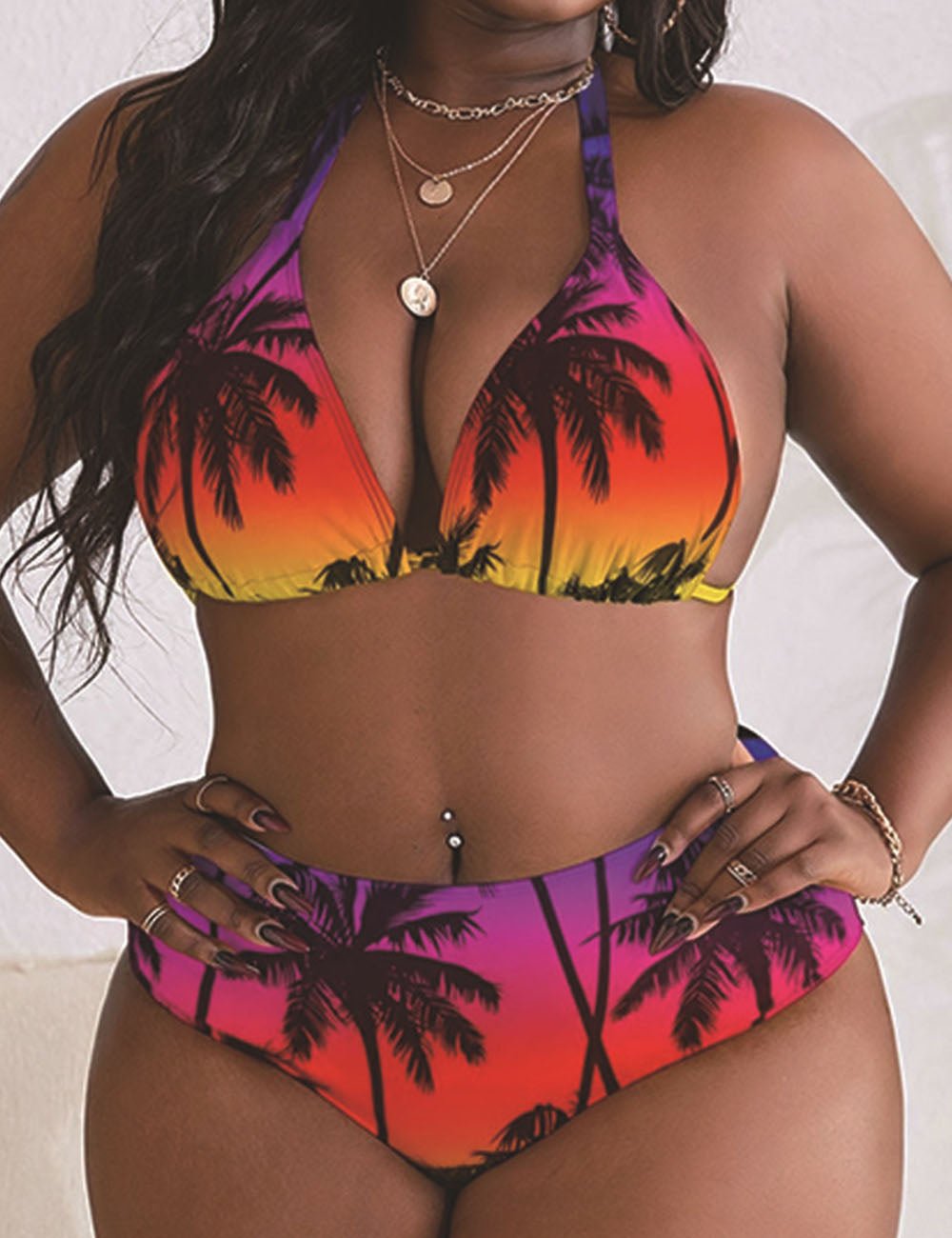 Women Plus Size Halter Neck Tie Back Floral Print Bikini 3 Piece - PRUSES