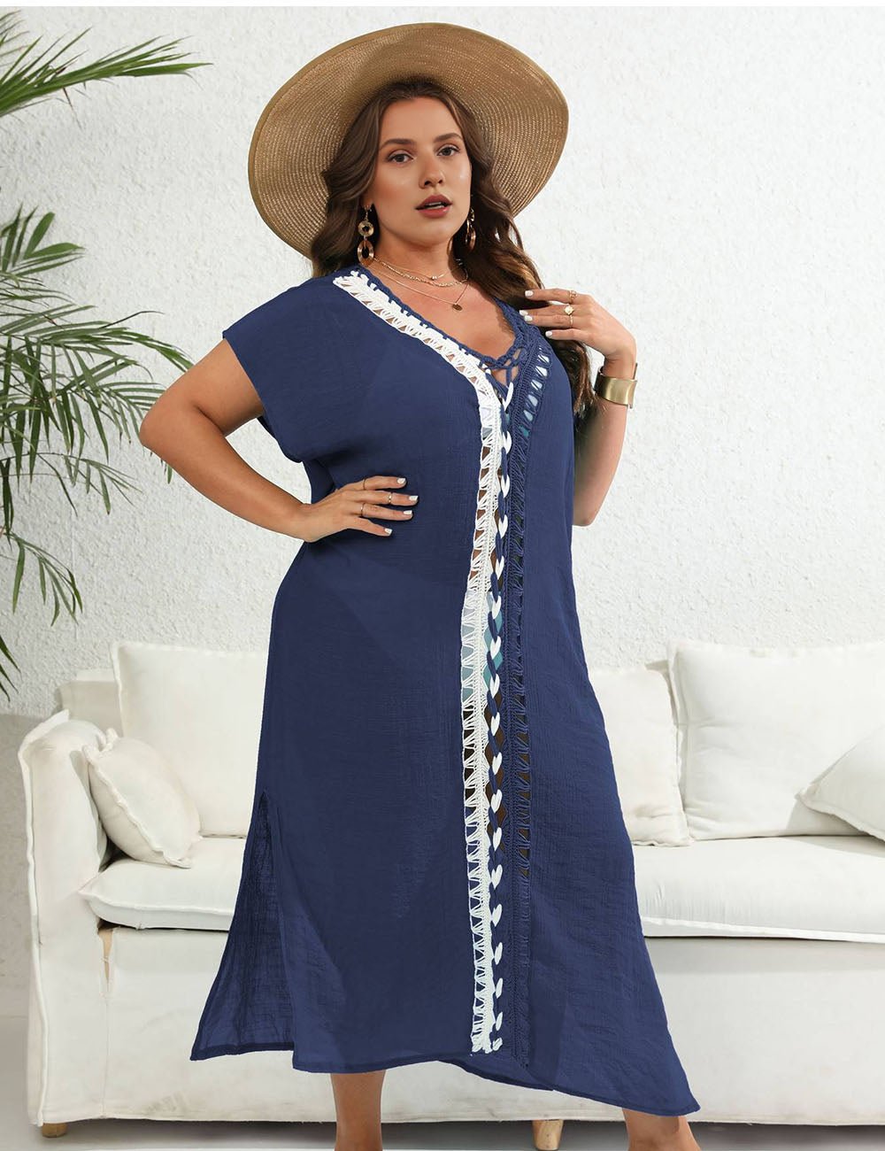 Women Plus Size Hand Crocheted Contrast Color Bikini Cover Up - PRUSES