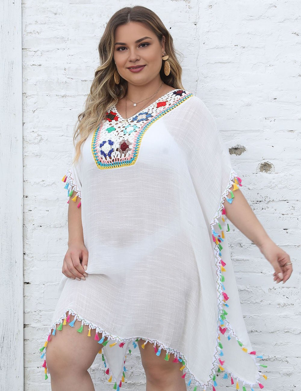 Women Plus Size Hand - Crocheted Flower Patchwork Tassel Cover Up | PRUSES - PRUSES