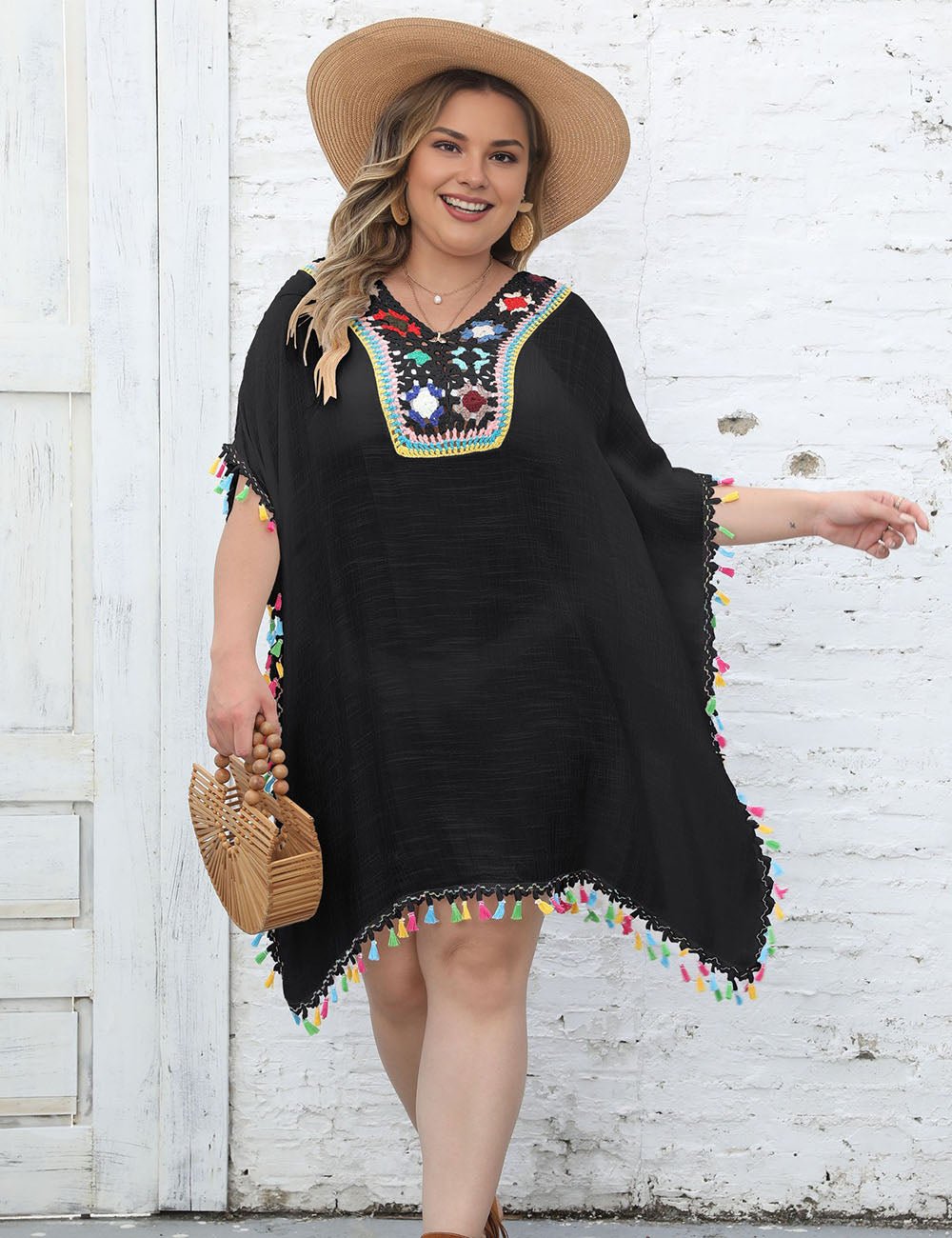 Women Plus Size Hand - Crocheted Flower Patchwork Tassel Cover Up | PRUSES - PRUSES