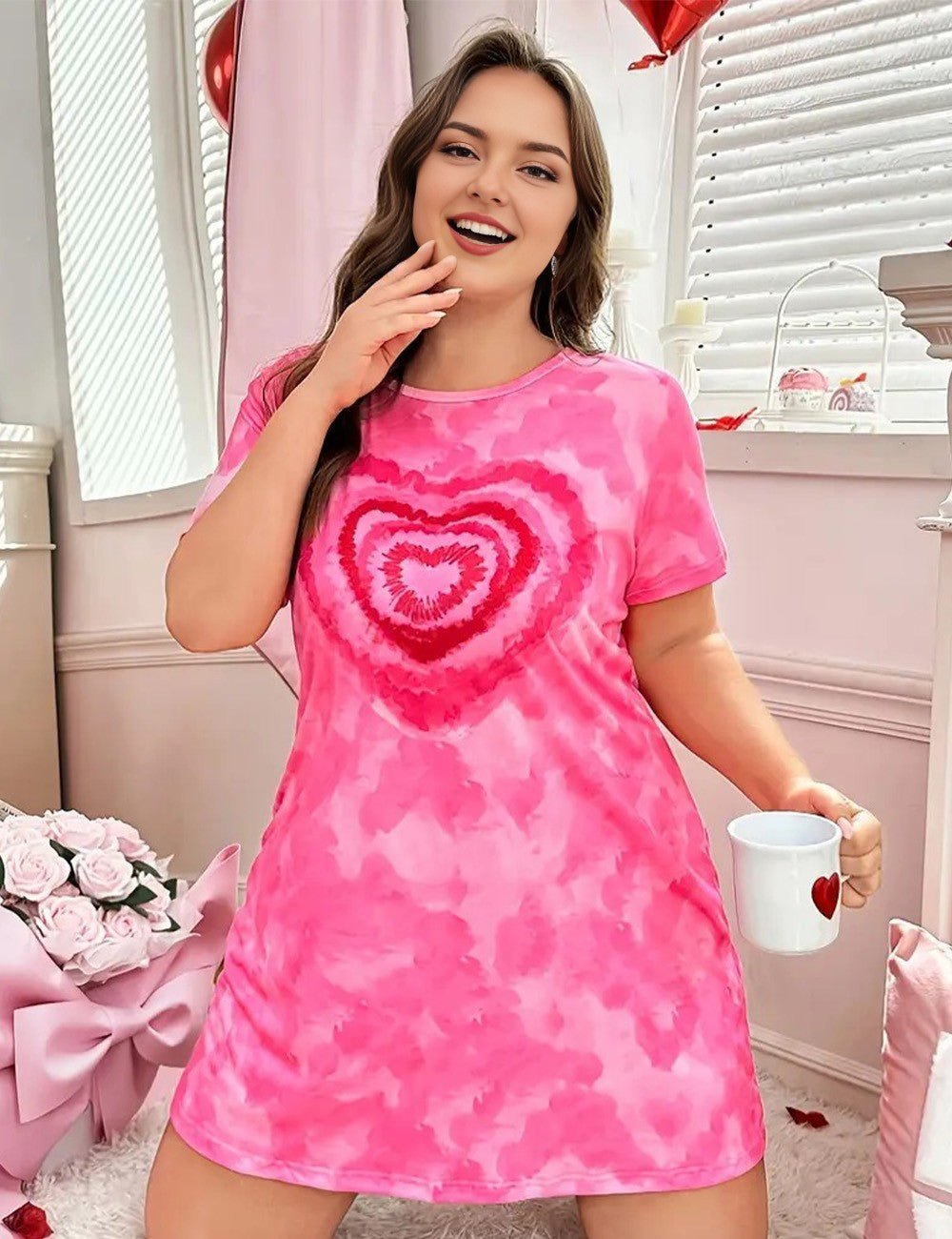 Women Plus Size Heart Pattern Tie Dye Nightdress | PRUSES - PRUSES