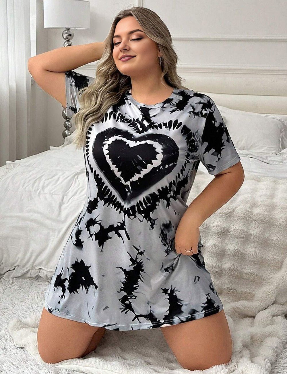 Women Plus Size Heart Pattern Tie Dye Nightdress | PRUSES - PRUSES