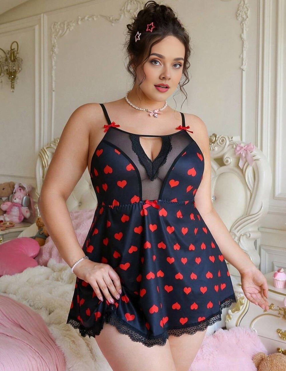 Women Plus Size Heart Print Chemise - PRUSES