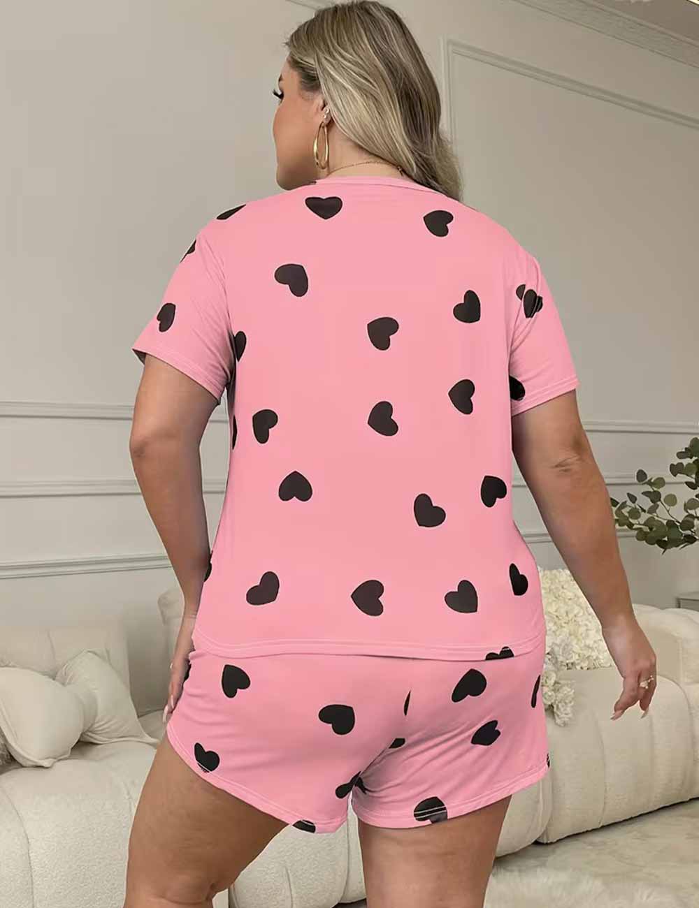 Women Plus Size Pink Heart-Printed T-Shirt and Shorts Pajama Set Back View