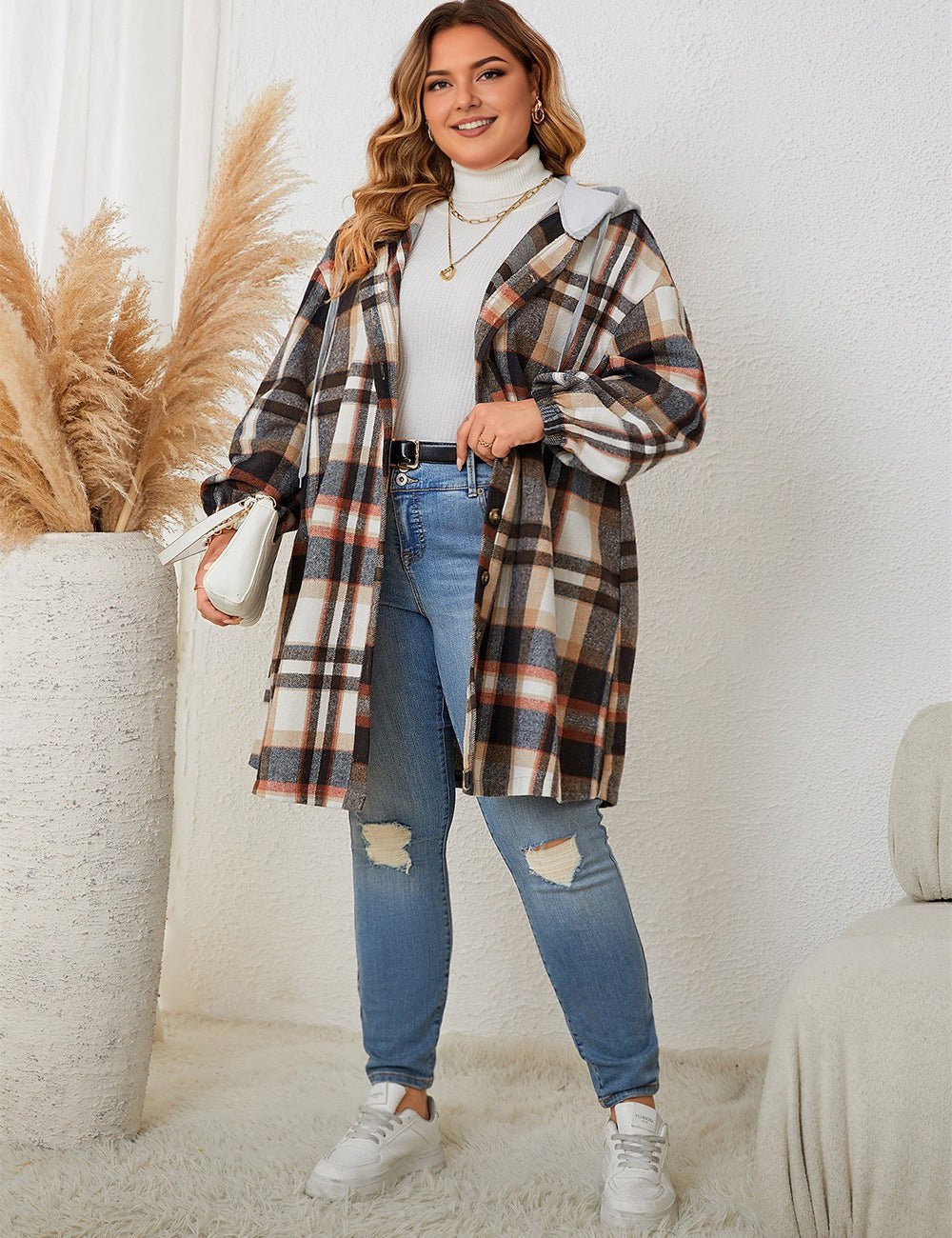 Women Plus Size Hooded Plaid Shacket Coat - PRUSES