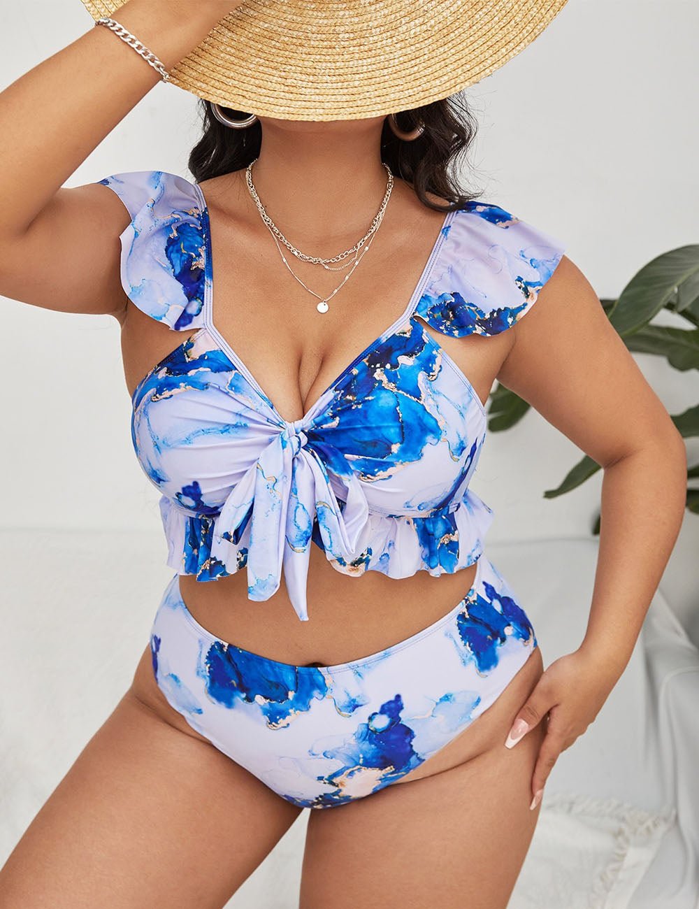 Women Plus Size Ink Print Twist Bikini Set Summer Beach - PRUSES