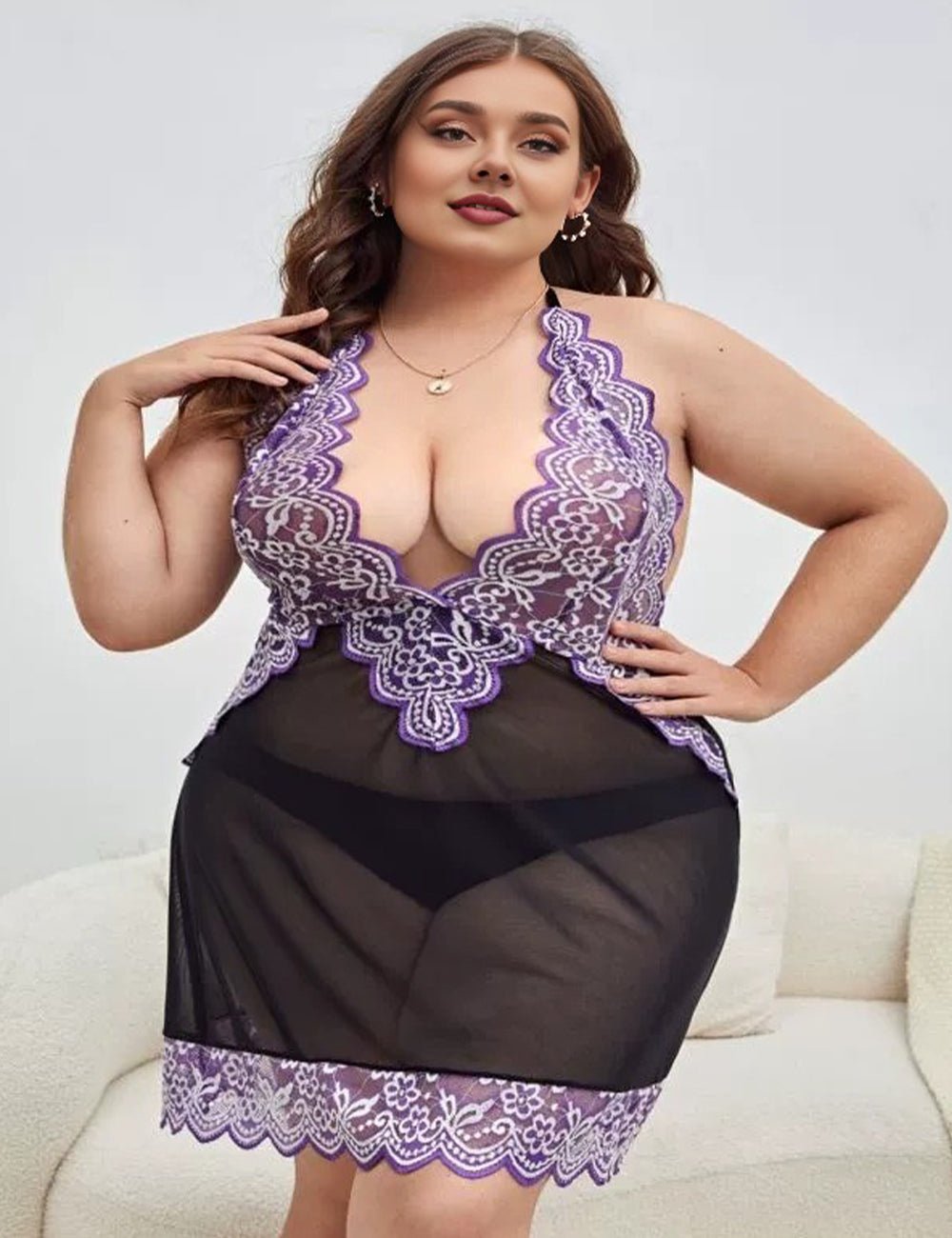 Women Plus Size Lace Babydoll Nightwear - PRUSES
