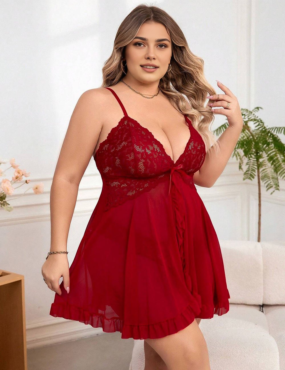 Women Plus Size Lace Mesh See - through Suspender Babydoll | PRUSES - PRUSES
